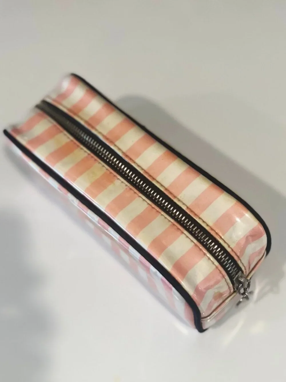 Victoria's Secret Cosmetic Bag Pink Stripe Black Trim Zip Top Lined Makeup Case